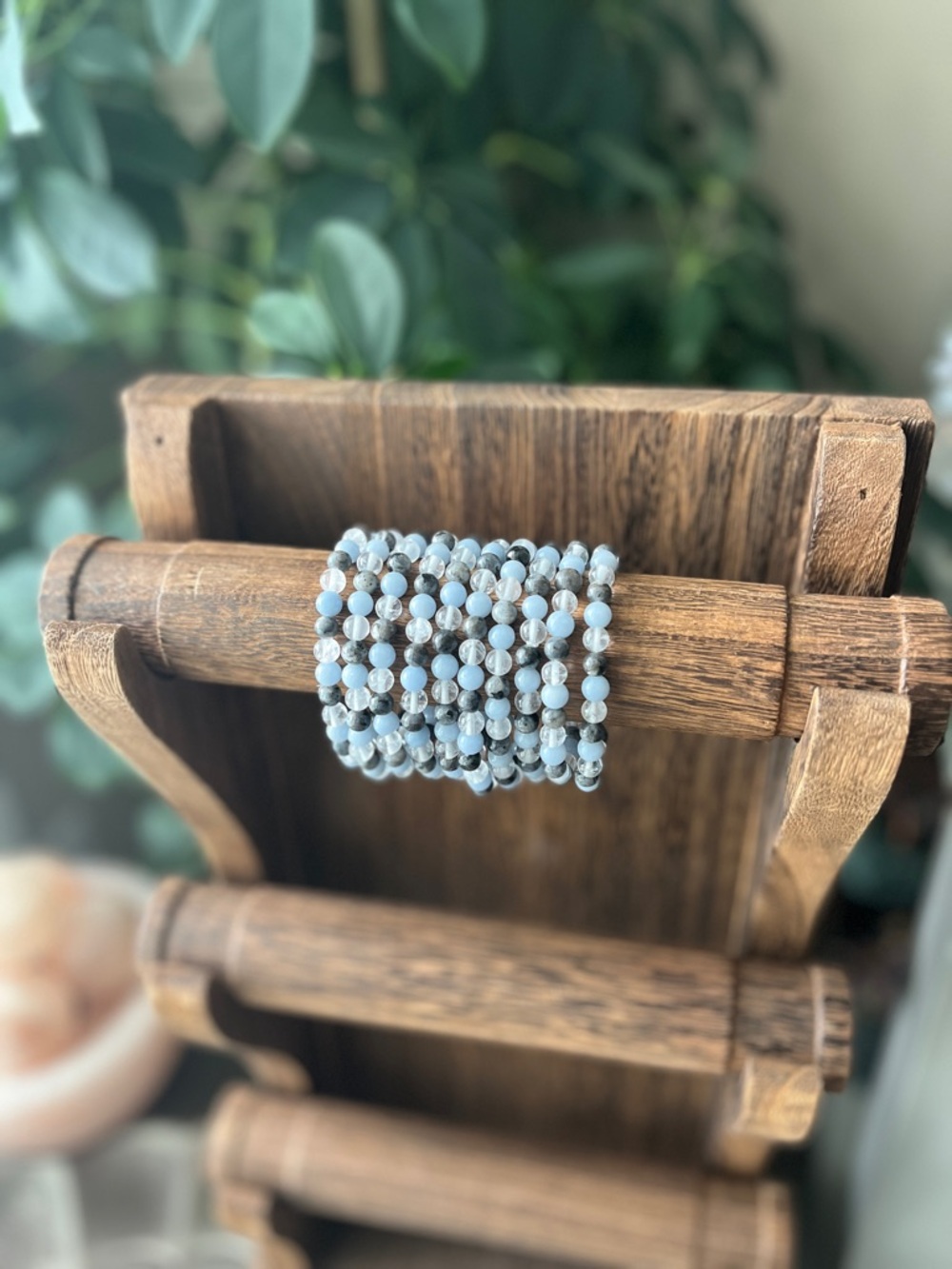 Angelite, Crystal Quartz, Larvakite Bracelet